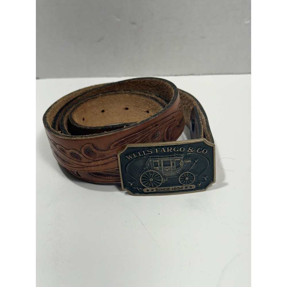 Vintage Wells Fargo & Co. Embossed Leather Belt Brown & Belt Buckle 1852 Size 44